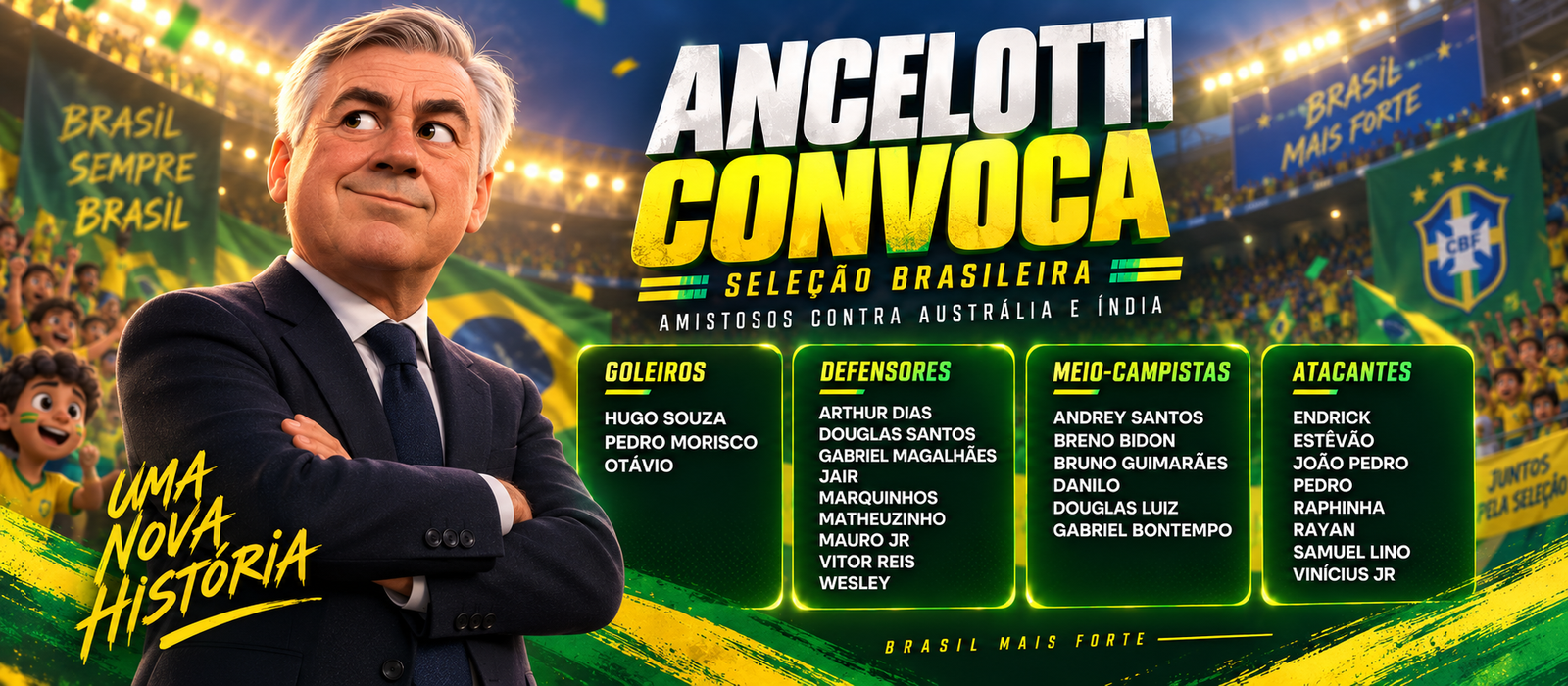 Ancelotti convoca Seleção Brasileira para amistosos contra Austrália e Índia